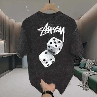 เสื้อยืดคอตตอนคุณภาพสูงสำหรับผู้ชาย เสื้อสั้นลายลูกเต๋าสไตล์ Stussy สตรีทอเมริกันหลวมๆ