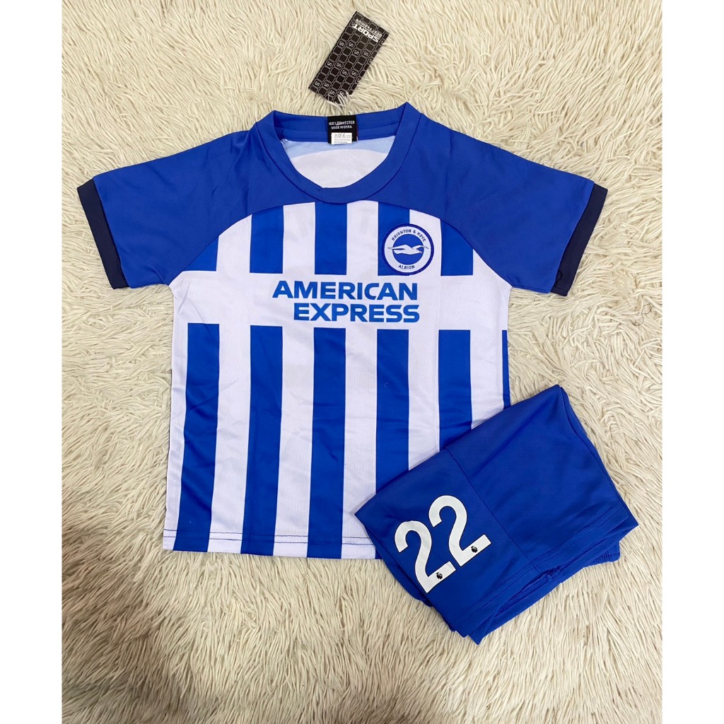 ชุดฟุตบอลเด็กน้ำเงินเบอร์22สกรีนชื่อMITOMAทีมไบรตัน เสื้อ+กางเกง