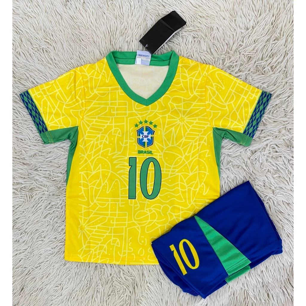 ชุดฟุตบอลเด็กสีเหลืองเบอร์10ชื่อNEYMRR JRทีมบราซิล เสื้อ+กางเกง