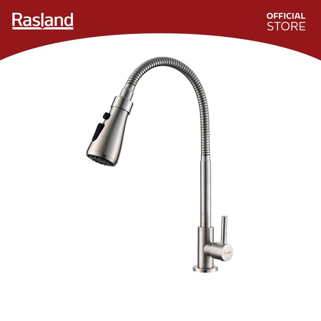 RASLAND A11021-MT-111222 ก๊อกซิงค์น้ำเย็นแบบ Easy Lock สายน้ำ 2ระบบ มีปุ่มหยุดน้ำชั่วคราว วัสดุสแตนเลส 304 สีสแตนเลสด้าน