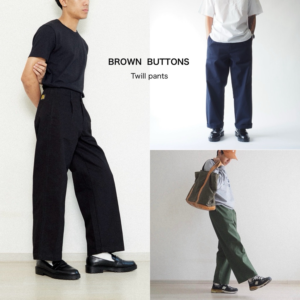BROWN BUTTONS TWILL PANTS กางเกงทรงกระบอกตรง ขากว้าง