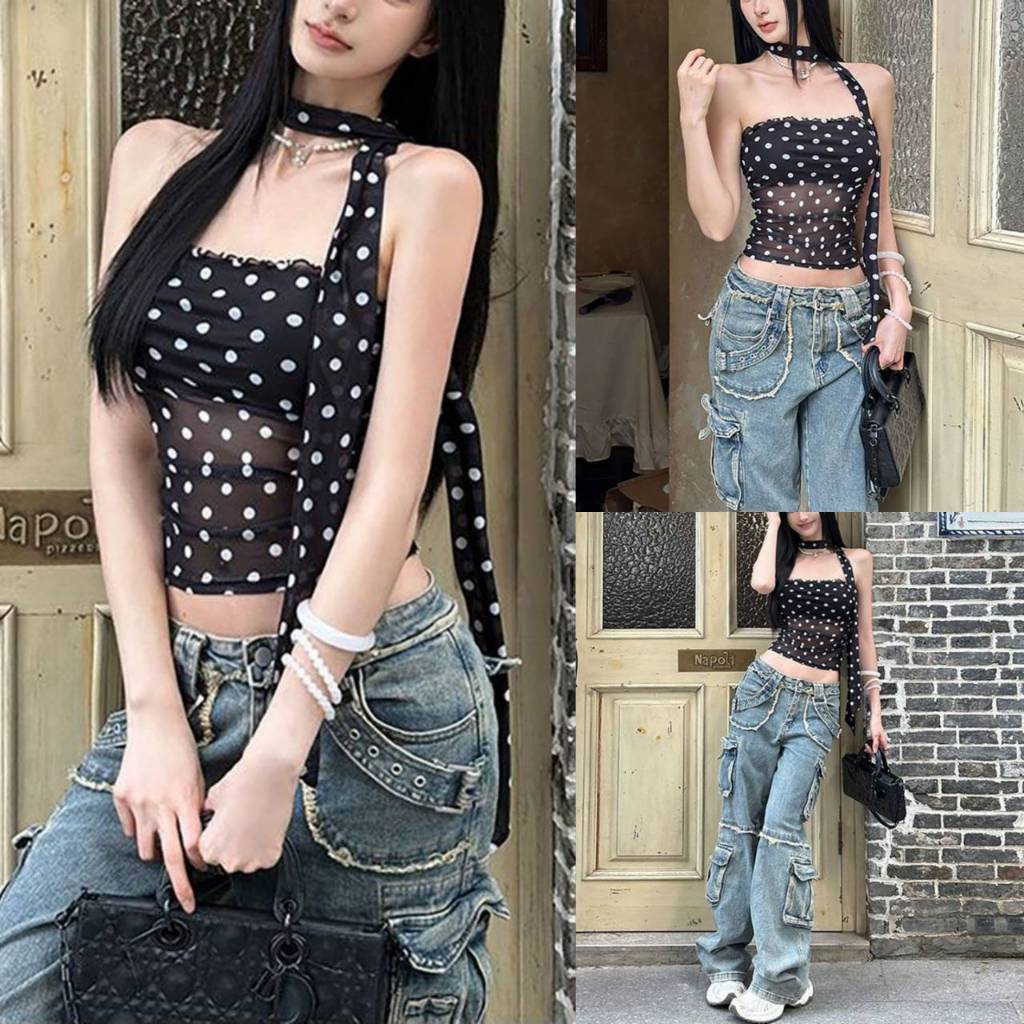 L'nada【พร้อมส่ง】เสื้อเกาะอกซีทรู ลายจุด Y2K ดีไซน์สายคล้องคอเข้ารูป มีสีเดียว (H21-5055)