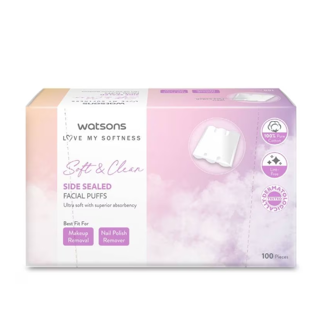 Watsons Side Sealed Facial Puffs 100 pcs. วัตสัน สำลีแผ่นรีดข้าง 100 แผ่น.