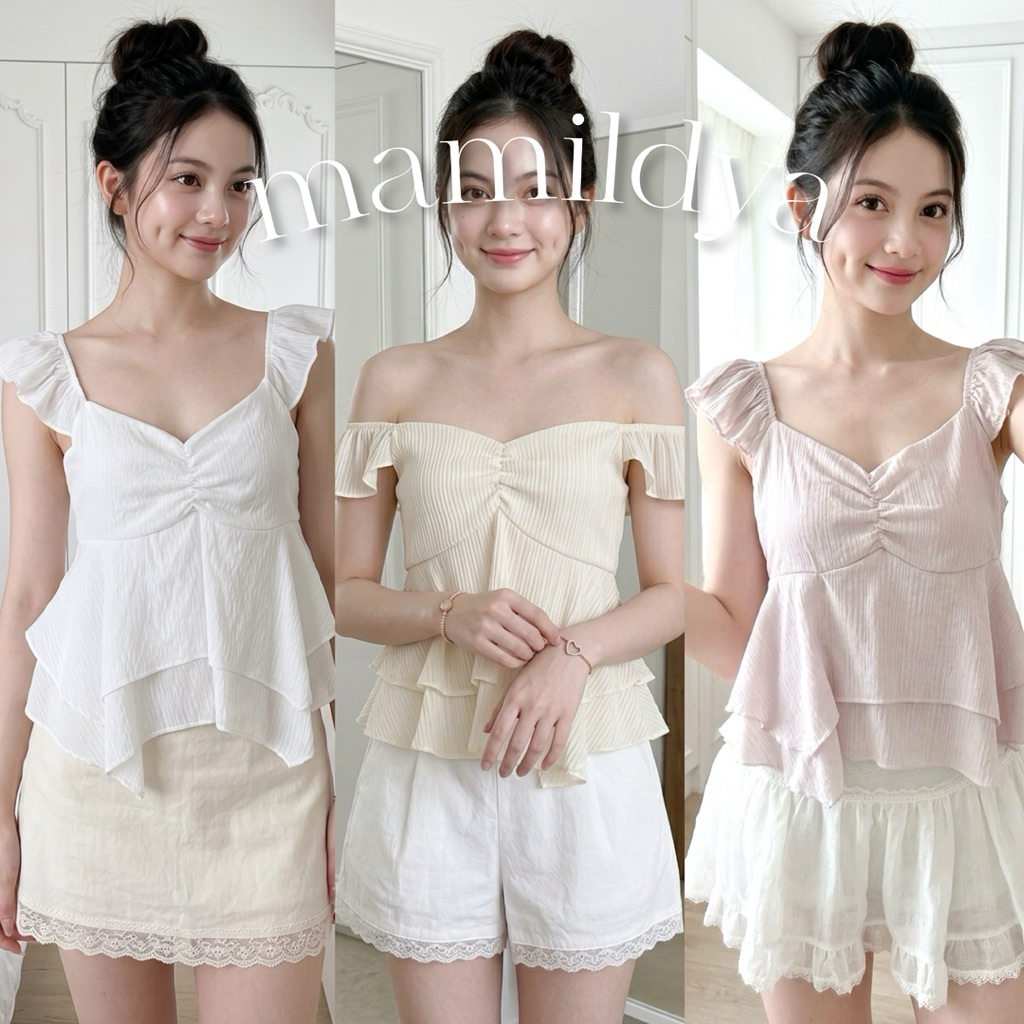 อกเป็นผ้า2ชั้น 🌟Mamildya.shop🌟 เสื้อแขนระบายแต่ง2ชั้น ตัวนี้ใส่ได้2 แบบ/ X1-1/TOT-ไหล่วี⚫
