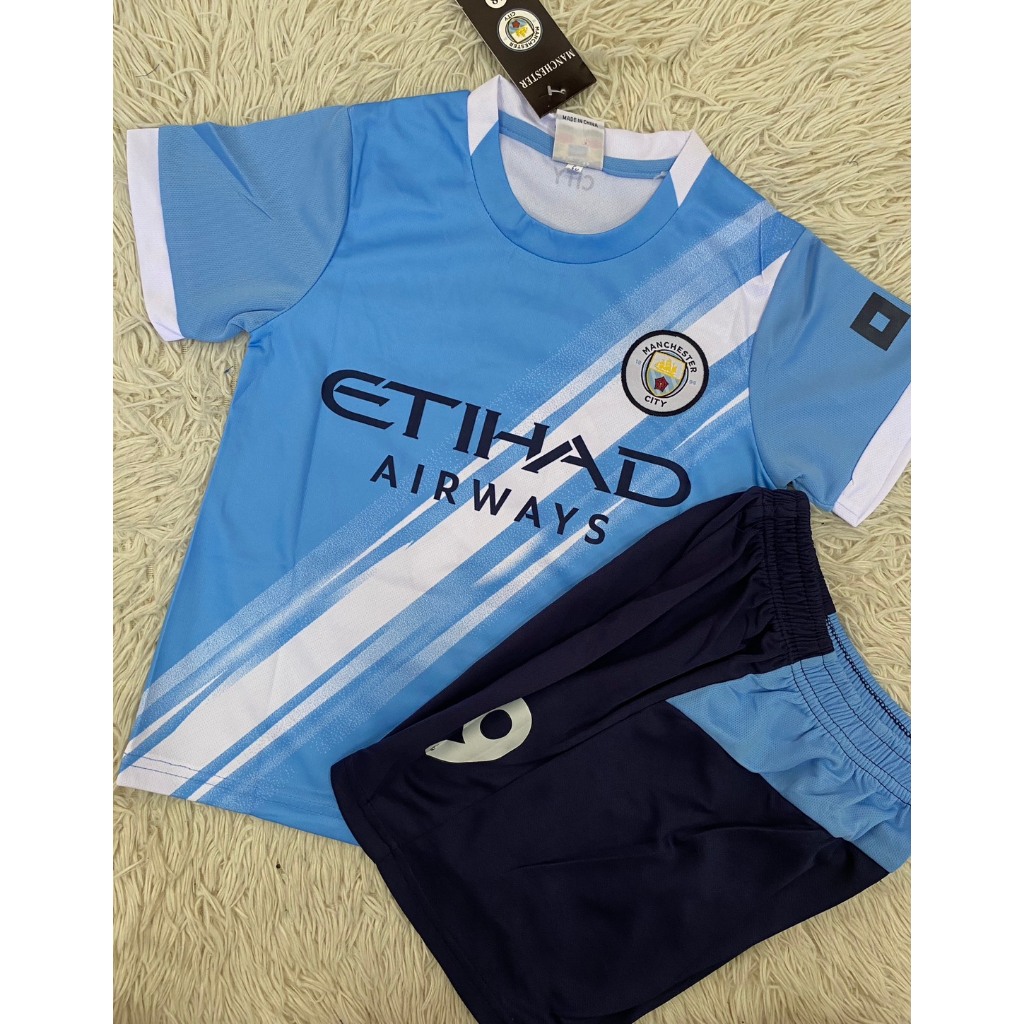 ชุดฟุตบอลเด็กสีฟ้าเบอร์9สกรีนชื่อHAALANDเสื้อ+กางเกง