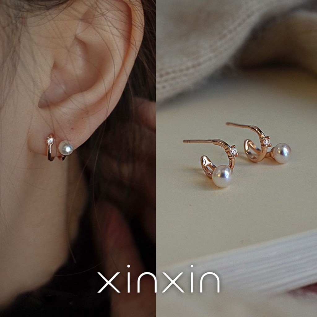 XINXIN พร้อมส่งจากไทย ต่างหูเงินแท้ S925 ต่างหูห่วงมุก lสไตล์เกาหลีA39