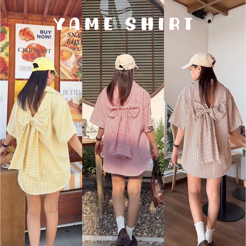 รุ่นใหม่! 𝗬𝗔𝗠𝗘 𝗦𝗛𝗜𝗥𝗧 เสื้อเชิ้ตแขนสั้น ลายทาง แต่งโบว์ด้านหลัง