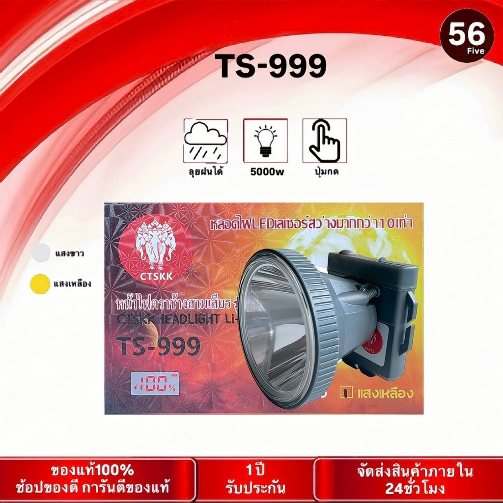 ไฟฉายคาดหัวTS-999LED 5,000วัตต์ จอดิจิตอล เปอร์เซ็นต์แบต ลุยฝน หน้ากว้าง 8 cm.น้ำหนักเบา