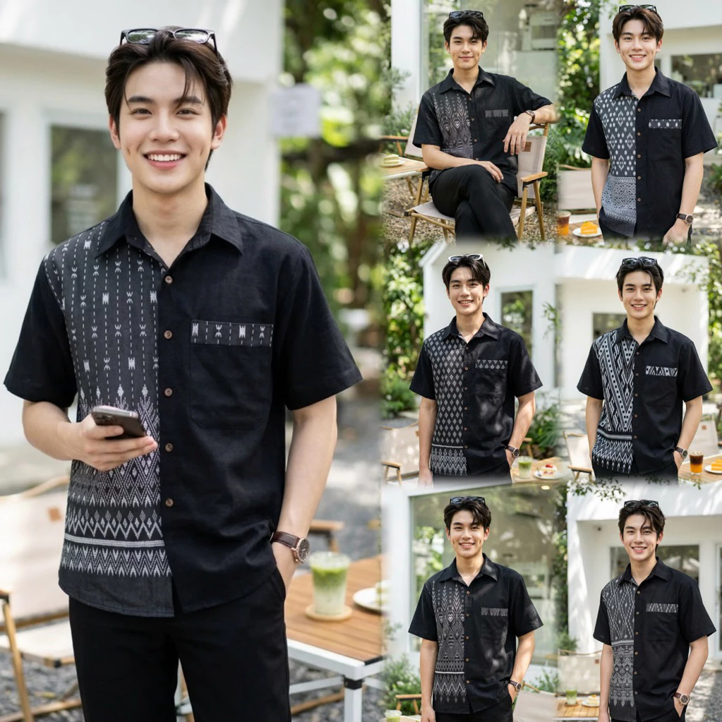 เสื้อพื้นเมืองผู้ชายคอเชิ้ต ทูโทนลายไทย