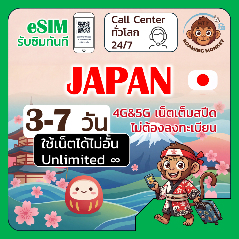 [eSIM] Japan 4G/5G 3-7 วัน ซิมเดินทาง ท่องเที่ยว ญี่ปุ่น เครือข่าย SoftBank DOCOMO โดย RoamingMonkey