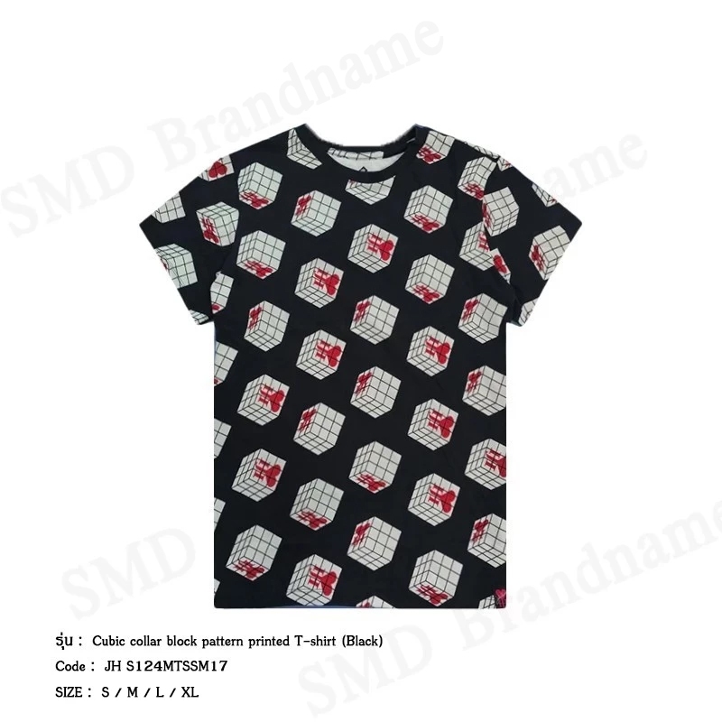 John Henry เสื้อยืดคอกลมผู้ชาย รุ่น Cubic Collar Block Pattern Printed T-Shirt (Black) Code: JH S124MTSSM17