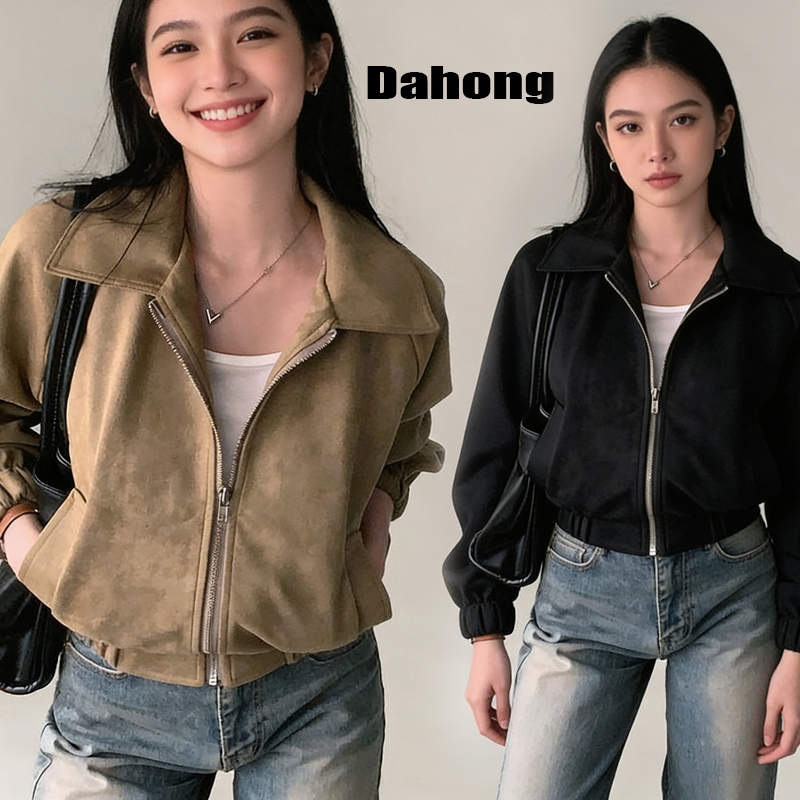 Dahong 💖99332 เกาหลีใต้เก๋ฤดูใบไม้ร่วงฝรั่งเศสย้อนยุคยืนปกซิปหนังนิ่มหลวมอเนกประสงค์เสื้อแจ็คเก็ตสั้นสำหรับผู้หญิง