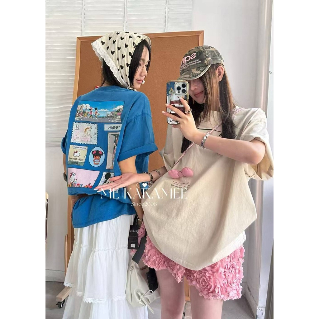 (พร้อมส่ง)เสื้อยืดแขนสั้น สกรีนลาย Kitty หน้า,หลัง TAG: A.Li studio 🇰🇷