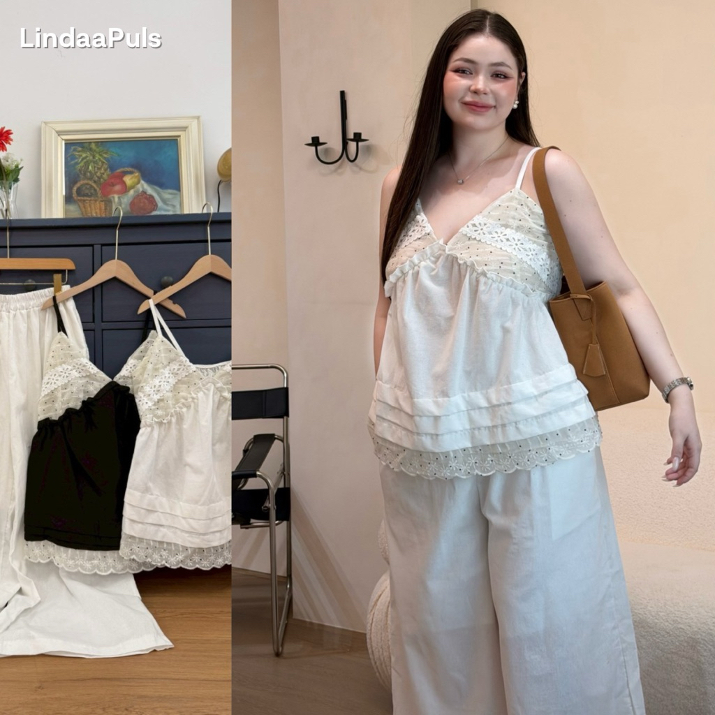 LindaaPlus-- ชุดเซ็ตเสื้อ+กางเกงขายาวสาวอวบอ้วน 🏝️☀️ สายเดี่ยวแต่งลูกไม้ มาคู่กับกางเกงทรงขาบาน ใส่แล้วดูสูงโปร่งมาก