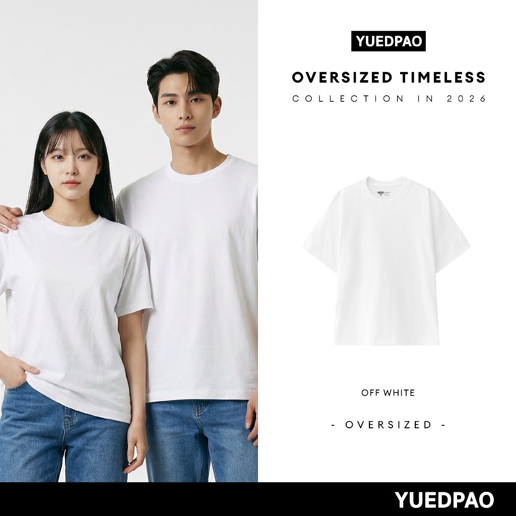 Yuedpao Oversized Timeless 2025+2026 เสื้อยืดโอเวอร์ไซส์ สีพื้น ผ้าหนายับยากรีดง่าย เสื้อยืดเปล่า ทรงหลวม สี White