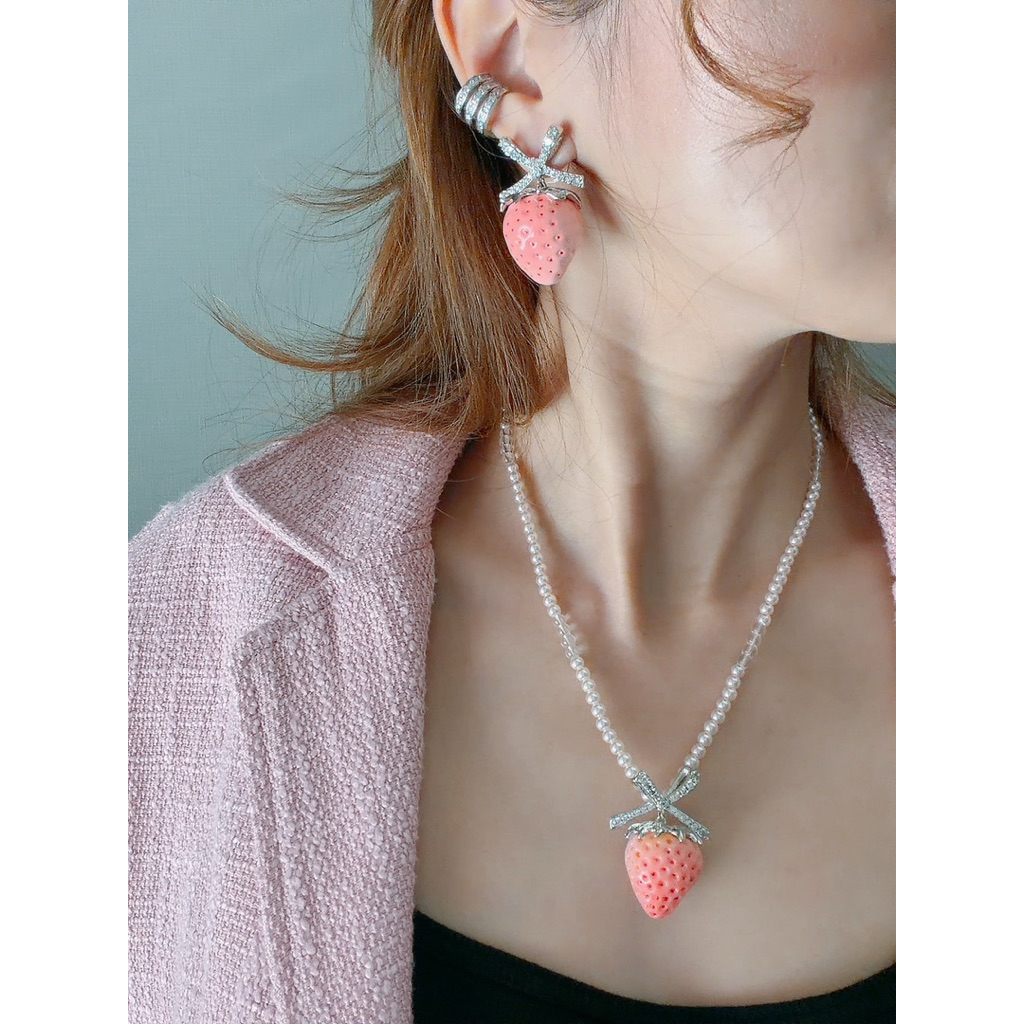 เซตสร้อย-ต่างหูสตรอว์เบอร์รีติดโบสีชมพูไล่ระดับ🍓💖