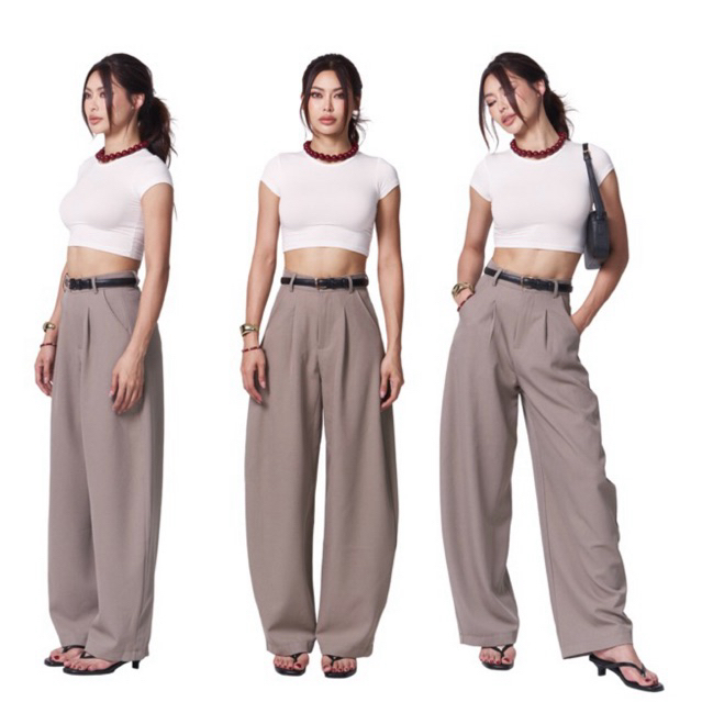 Atipashop - OBSIDIAN WIDE PANTS กางเกงขายาว ทรงบาร์เรล เอวสูง ทรงสวย