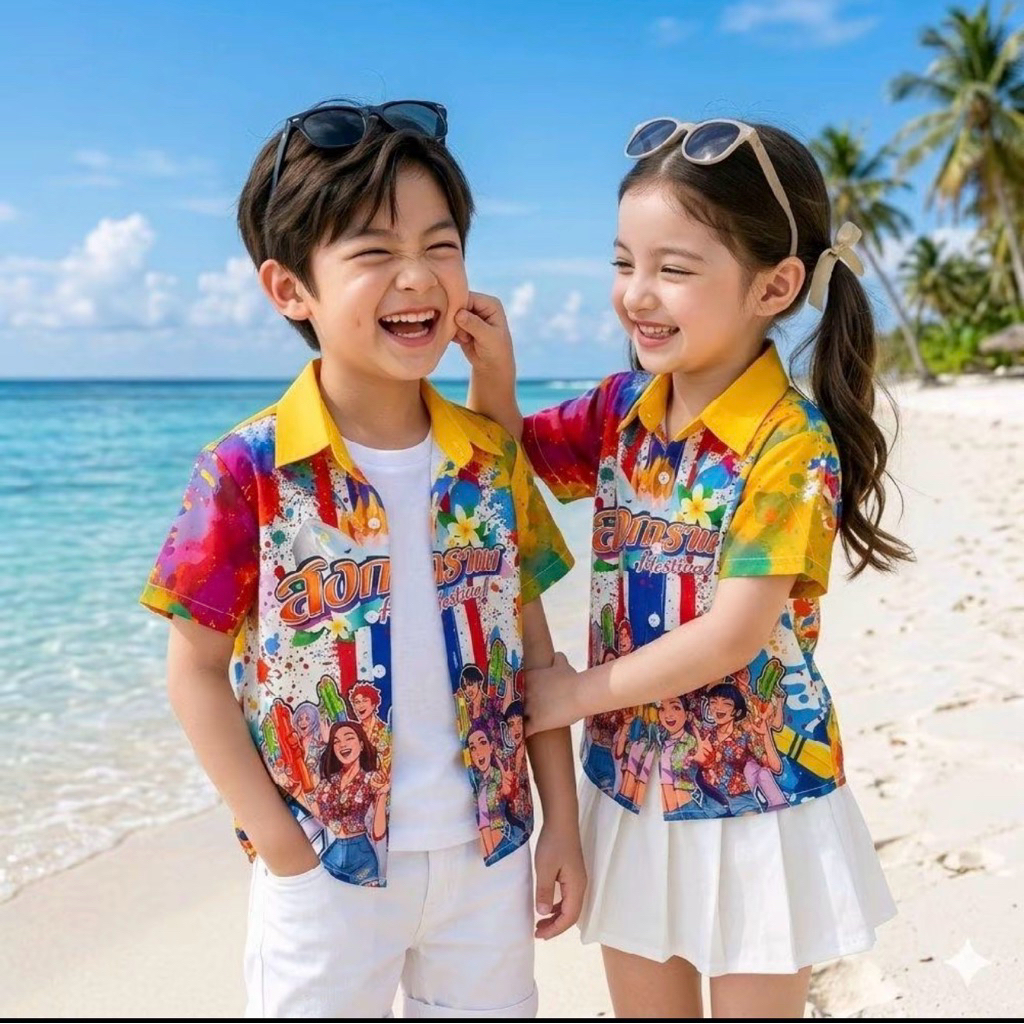 เสื้อลายดอกเด็ก เสื้อฮาวายเด็กชายหญิง ต้อนรับซัมเมอร์ ผ้าคอลตอน นิ่มใส่สบาย พร้อมส่ง