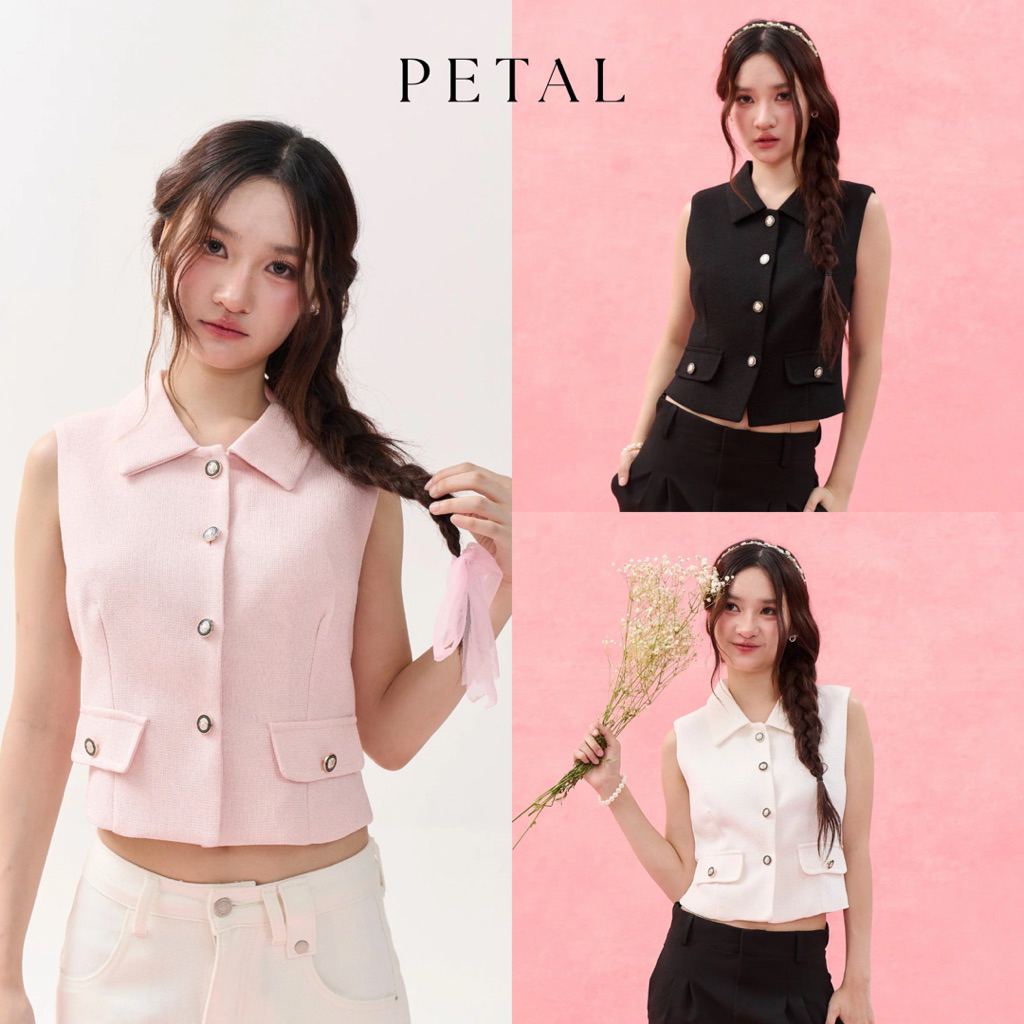 PETAL TOP (เฉพาะเสื้อ) เสื้อแขนกุดคอปกผ้าทวีตอัดกาวอยู่ทรง ดีเทลกระดุมสีดำตัดกับผ้า เพิ่มความคลาสสิกดูแพง – โปรปัง