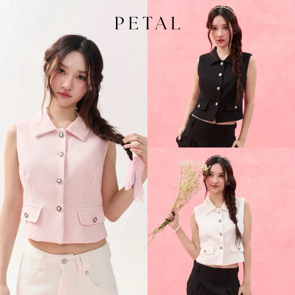 PETAL TOP (เฉพาะเสื้อ) เสื้อแขนกุดคอปกผ้าทวีตอัดกาวอยู่ทรง ดีเทลกระดุมสีดำตัดกับผ้า เพิ่มความคลาสสิกดูแพง