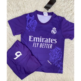 ชุดฟุตบอลเด็กสีม่วงเบอร์9สกรีนชื่อMBAPPEเสื้อ+กางเกง