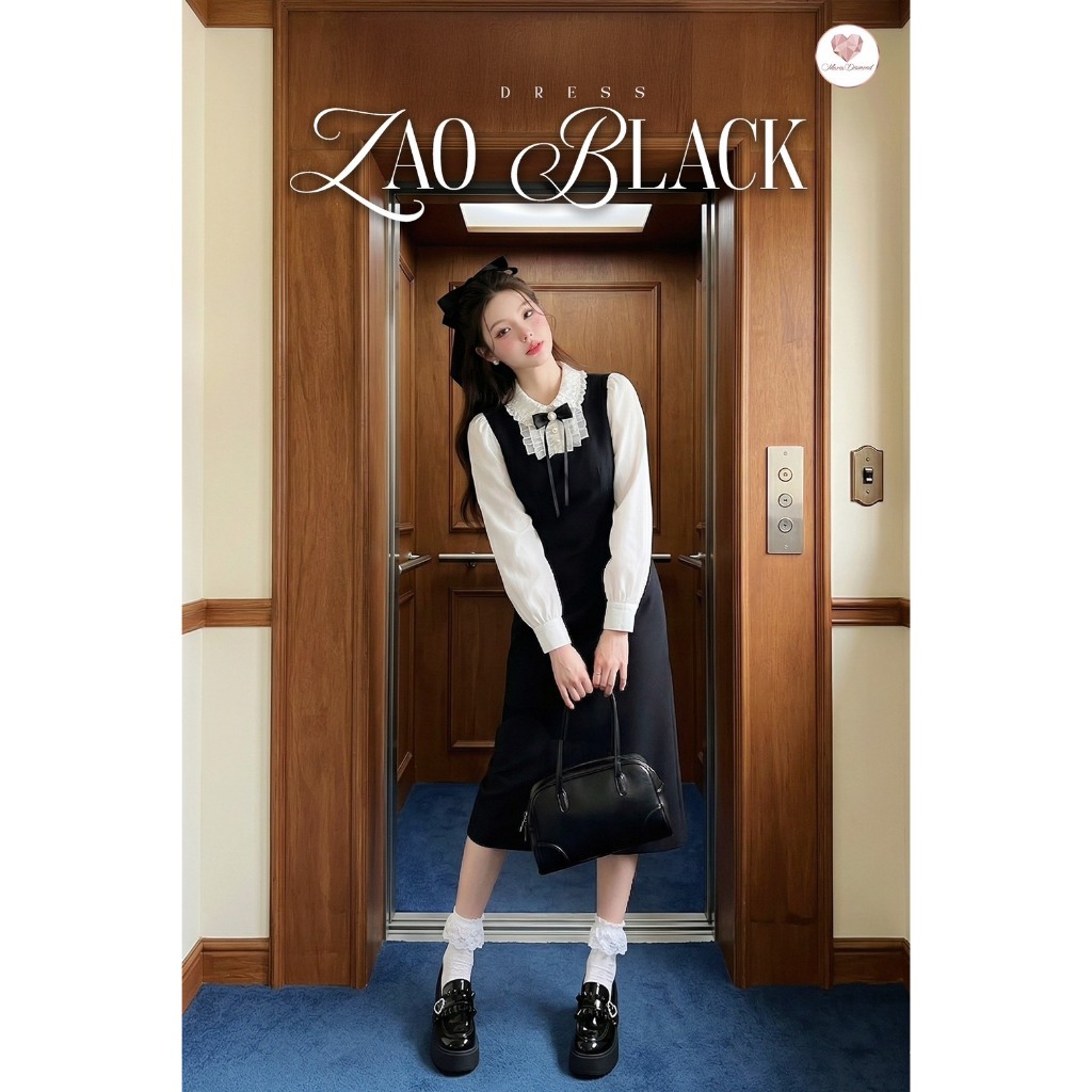 (มี3XL) Maria Diamond สีดำ Zao Black Dress เดรสผ้าซอฟสูท ตัดต่อผ้าชีฟอง + เข็มกลัดโบว์ ทรงสวย ใส่ทำงานได้ ซิปหลัง