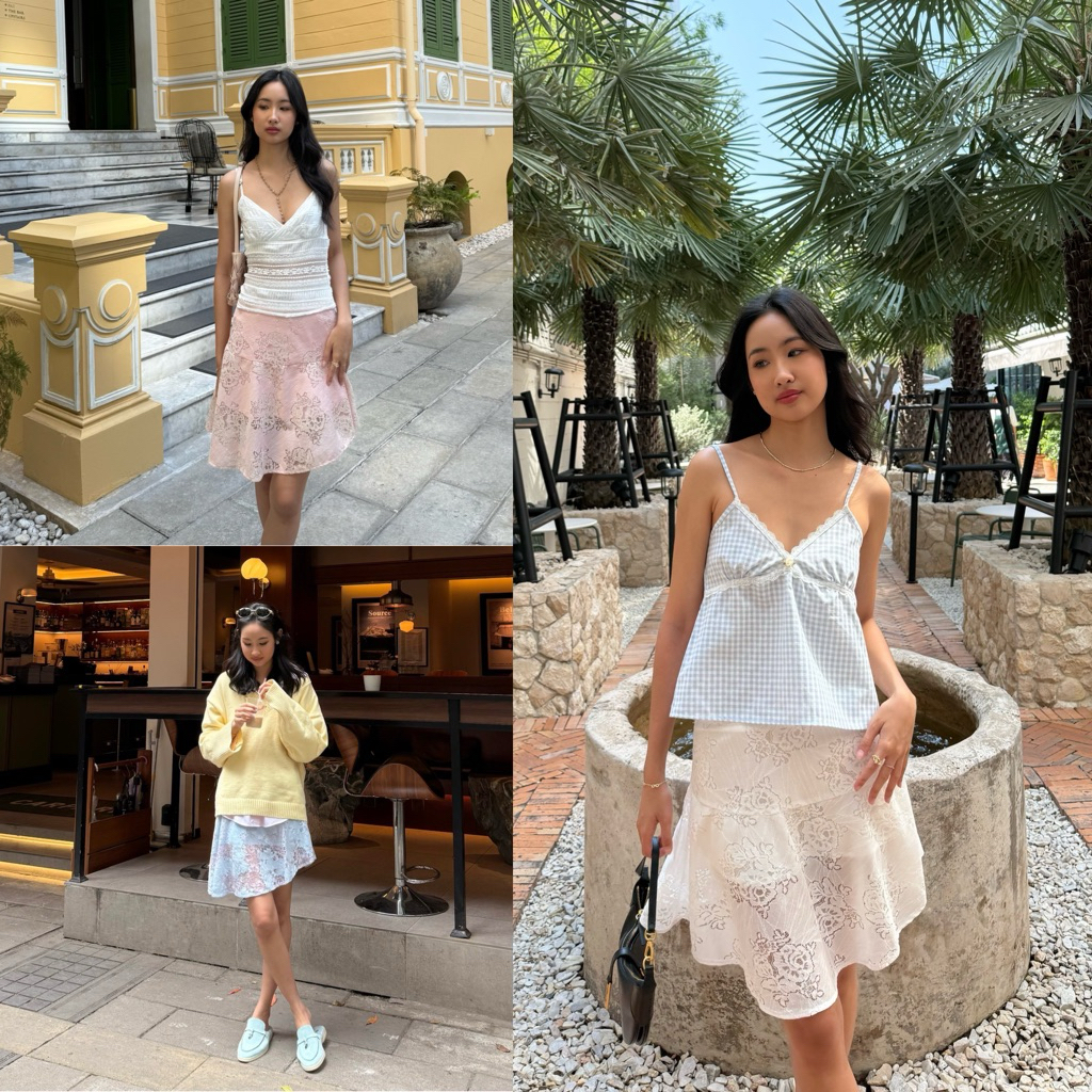 Rosanne lace asymmetry Skirt กระโปรงลูกไม้ เอวต่ำ