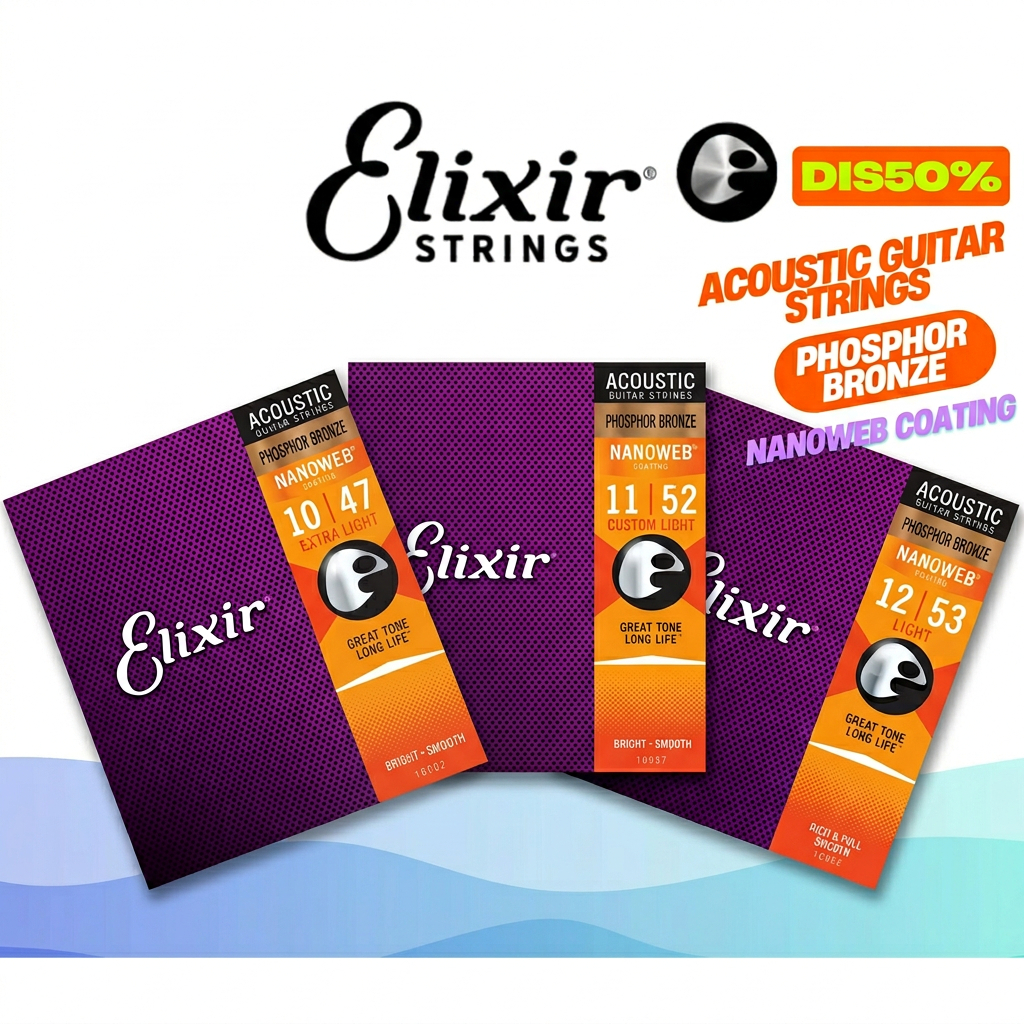 1แถม1(ของแท้ 100%)Elixir Acoustic Guitar Strings Phosphor Bronze NanoWeb Coating Antirust Light สายกีตาร์โปร่ง