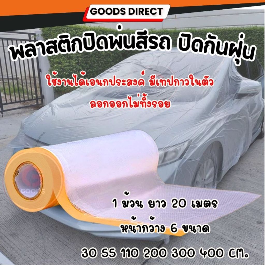 พลาสติกปิดพ่นสี ชนิดมีเทปกาวในตัว พลาสติกกันฝุ่น เทปฟิล์มสำหรับงานพ่นสี ยาว 20เมตร