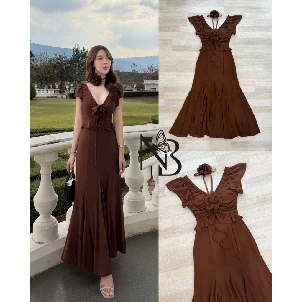 S M L มือ1 NABI BRAND เดรสยาวใส่ออกงานสีน้ำตาลเข้ม มีเข็มกลัดดอกและโช๊คเกอร์คอ ใส่สวยสุดๆ ป้าย NABI 