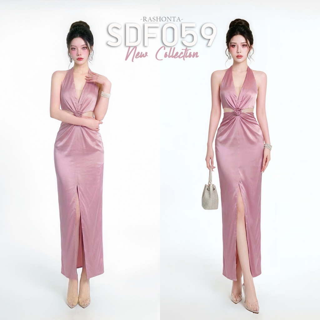 SDF059 : ชุดเดรสยาวผ้าซาติน คล้องคอ แต่งดอกไม้ที่อก ผ่าหน้า ชุดเพื่อนเจ้าสาว ชุดออกงาน