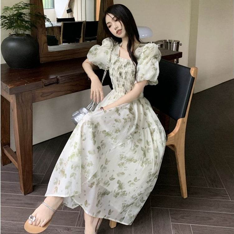 เดรสลายดอกไม้คอเหลี่ยมสำหรับผู้หญิง เดรสยาวปานกลางแขนพองเข้ารูปช่วงเอว