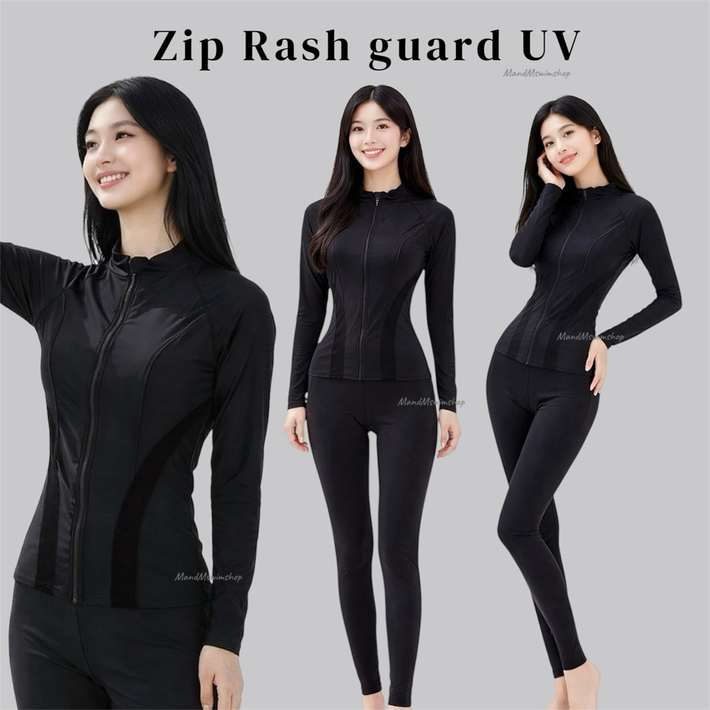 Zip rashguard UV ชุดว่ายน้ำผู้หญิงแบบซิปหน้ากันยูวี ใส่คู่กับ กางเกงว่ายน้ำขายาว เสื้อว่ายน้ำซิปหน้ายาวสีดำ M-4XL