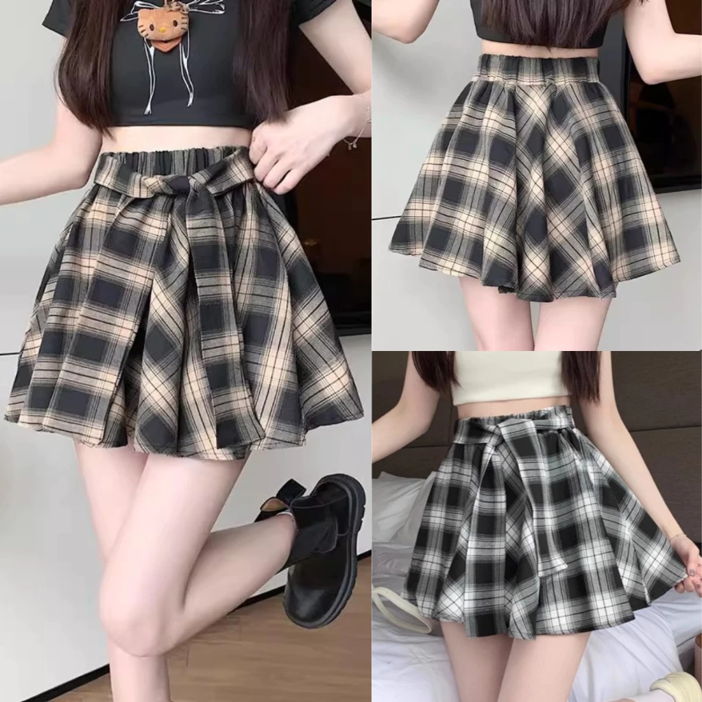 S~5XL Mini Plaid skirt สีน้ำตาล กระโปรงลายสก็อตเอวสูงสไตล์เกาหลีเรโทร กระโปรงสั้นทรงเอไลน์แบบไม่สมมาตรสุดเก๋ HOT