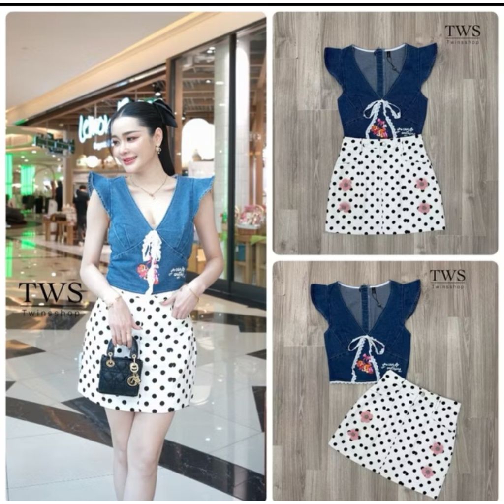 Twinshop-XL เซตเสื้อยีนส์แขนกุด กระโปรงลายจุด sz.XL