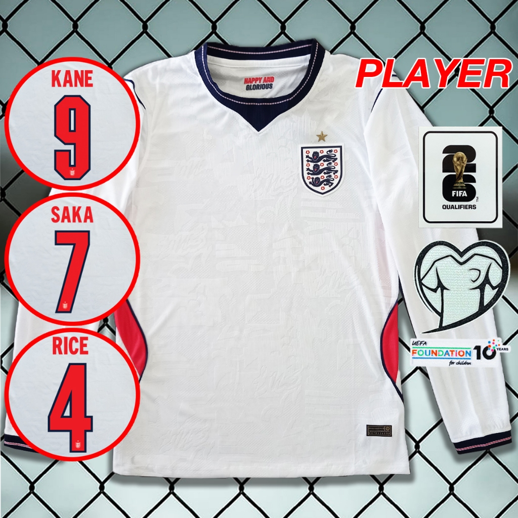 เสื้อฟุตบอลแขนยาวเพลเยอร์ทีมชาติ oังกฤษ เหย้า #PY0110 รุ่นฟุตบอลโลก2026 อาร์มWC,ชื่อเบอร์นักเตะ ไซส์