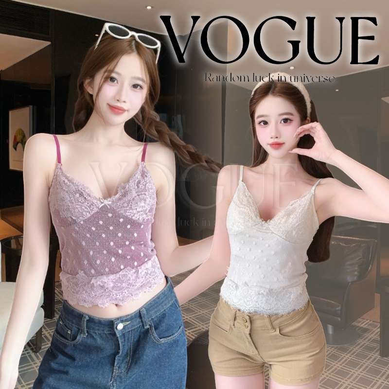 Vogue🌟พร้อมส่ง🌟 เสื้อสายเดี่ยว เสริมฟองน้ำ ดีเทลหวาน สไตล์สาวเกา มี4สี (FY7022)