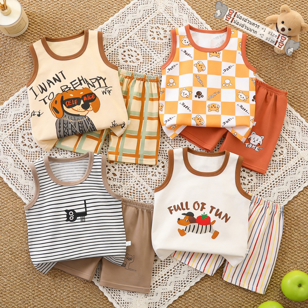 ชุดเสื้อแขนกุดเด็ก ชุดเด็กน่ารัก นุ่มสบาย สไตล์น่ารัก สีสันสดใส ใส่ไปเล่นได้