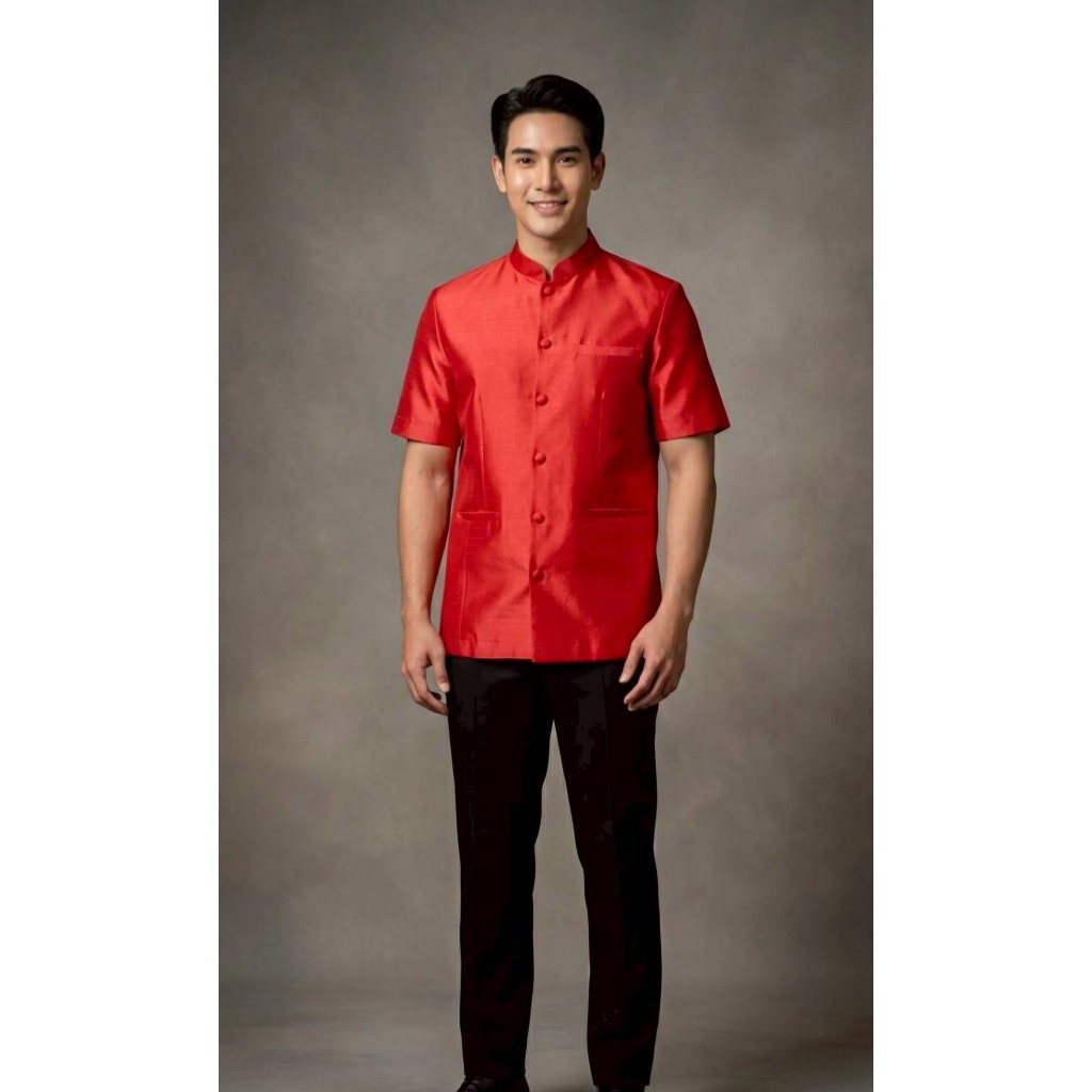 เสื้อผู้ชายไหมสี่เส้นแขนสั้นคอจีนมีกระเป๋า (M16/M18) รูปที่ 7
