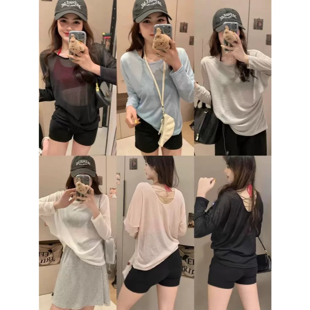 3611# เสื้อยืดแขนยาวทรงหลวมบางเบาสำหรับฤดูร้อน ดีไซน์เปิดหลัง กันแดด