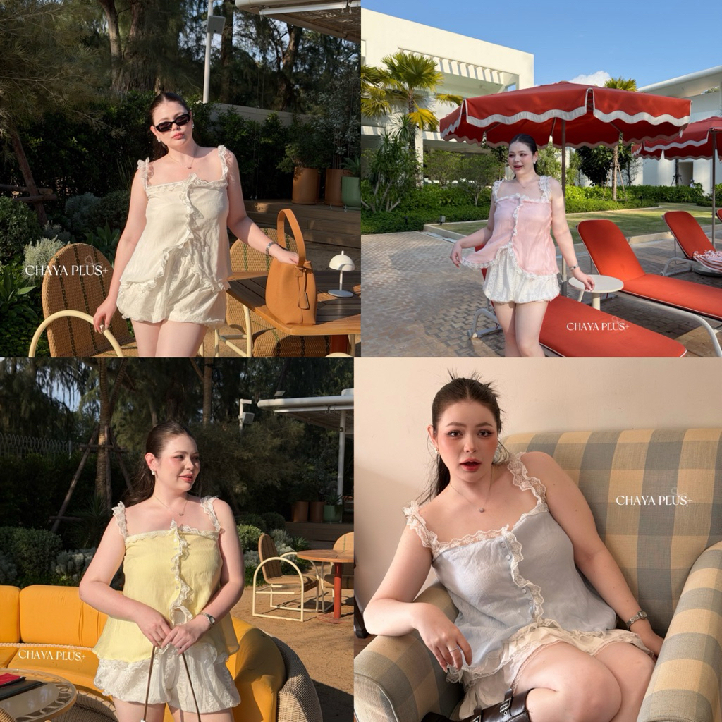 Chaya plus เสื้อสายเดี่ยวแต่งลูกไม้รอบตัว งานซับที่พร้อมกระดุม ผ้าโรซี่ *เฉพาะเสื้อ*