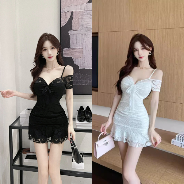 (PM4888)มินิเดรสรัดรูป เดรสลูกไม้พรีเมียม มีซับใน เดรสสายเดี่ยว&เปิดไหล่ แต่งโบว์หน้าอกโชว์ไหล่สวย