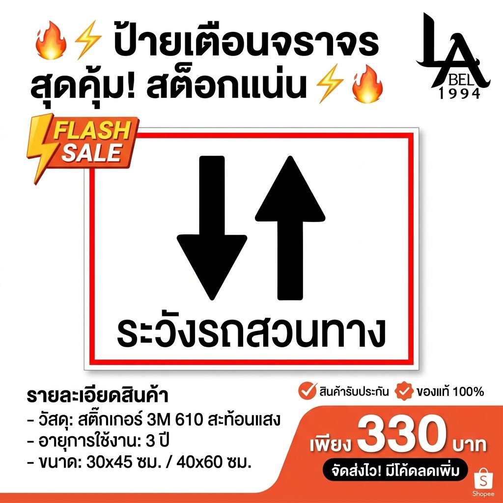 Label1994 ป้ายระวังรถสวนทาง [สะท้อนแสง 3M/ประกันสี 6 ด.] ป้ายเตือนจราจรทางแคบ กันน้ำทนแดด 5 ปี ส่งฟรี