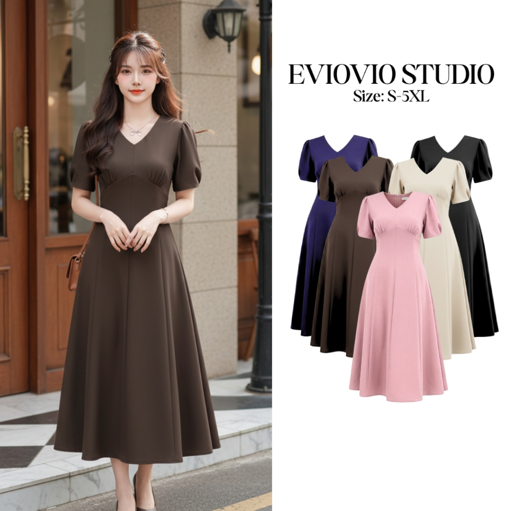 EVIOVIO【S-6XL】เดรสยาวคอวี แขนพอง สีพื้นเรียบหรู เดรสออกงาน ซิบหลัง ชุดเดรสผู้หญิงพลัสไซส์ ชุดไปงานแต่ง พร้อมส่งจากไทย❣️😋