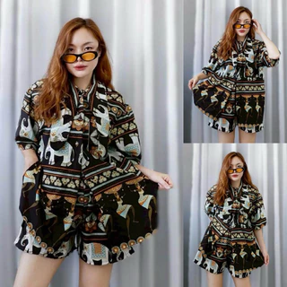 ชุดเซ็ท เสื้อเชิ้ตลายช้างปกขาว+กางเกงขาสั้น