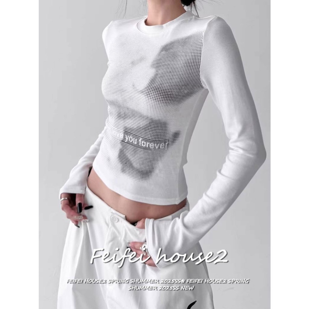 [Vintage Print Long Sleeve T-Shirt]เสื้อยืดคอสูงแขนยาวผู้หญิงสไตล์วินเทจลายพิมพ์สีคอนทราสต์