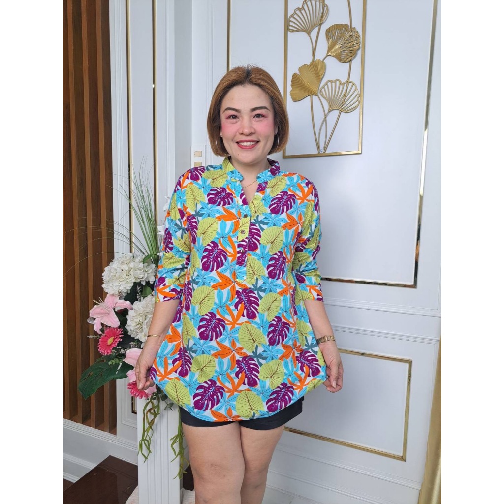 **พร้อมส่ง**ช157///เสื้อคอจีนแขนศอกลายใบกลม ผ้าไหมสปัน ฟรีไซ38-46นิ้ว ยาว31นิ้ว หน้าผ้า46นิ้ว ราคา22