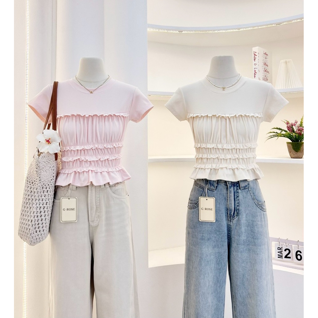 G-rose เสื้อยืดคอกลม แต่งจั๊มช่วงตัว