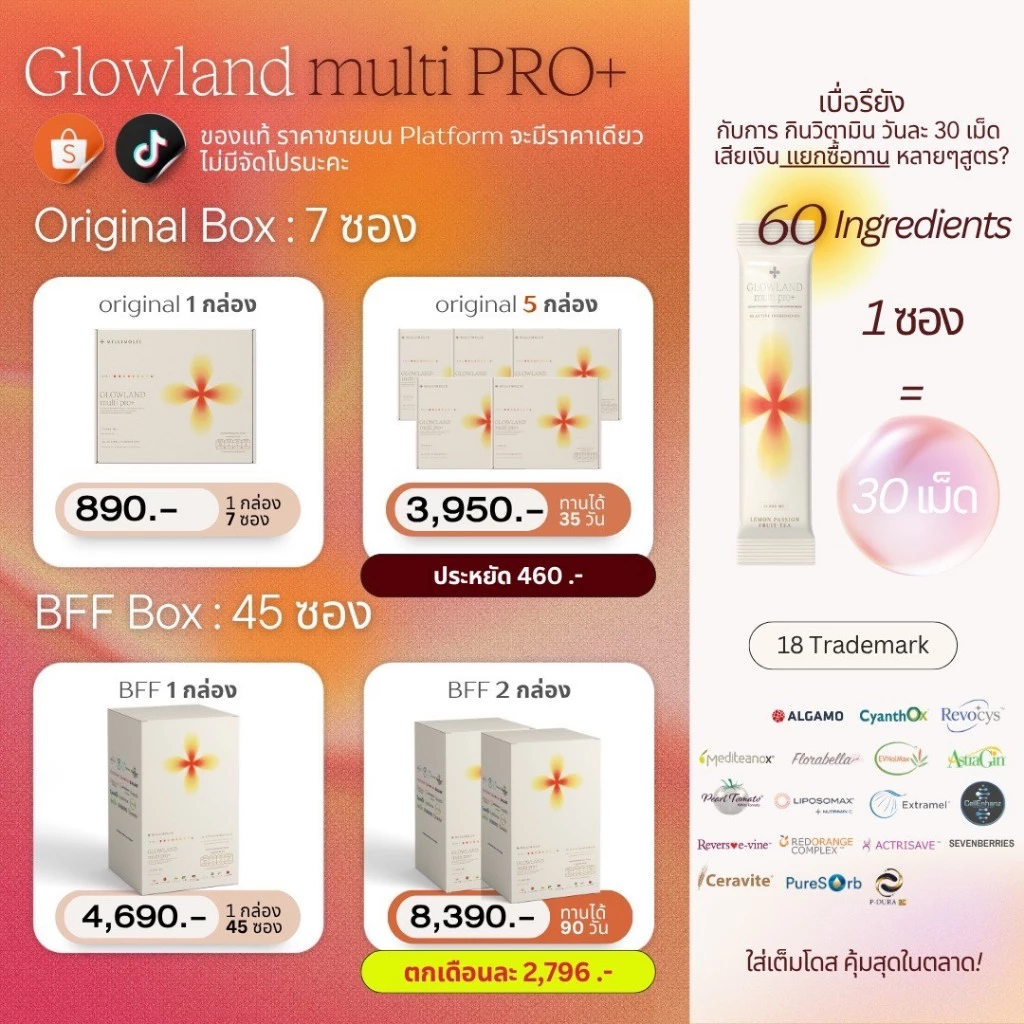 [พร้อมส่ง60สารสกัด] Glowland สูตรใหม่ Multi PRO+ วิตามินผิว วิตามินกันเเดด ผิวออร่า ลดหมองคล้ำ อาหารผิว thumbnail 8