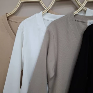 [ U46 ] WARA เสื้อคอวีแขนศอก ผ้านุ่ม ใส่สบาย COTTON SPANDEX ไม่ต้องรีด